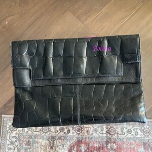 Vintage Black Leather Clutch made in Italy with two compartment